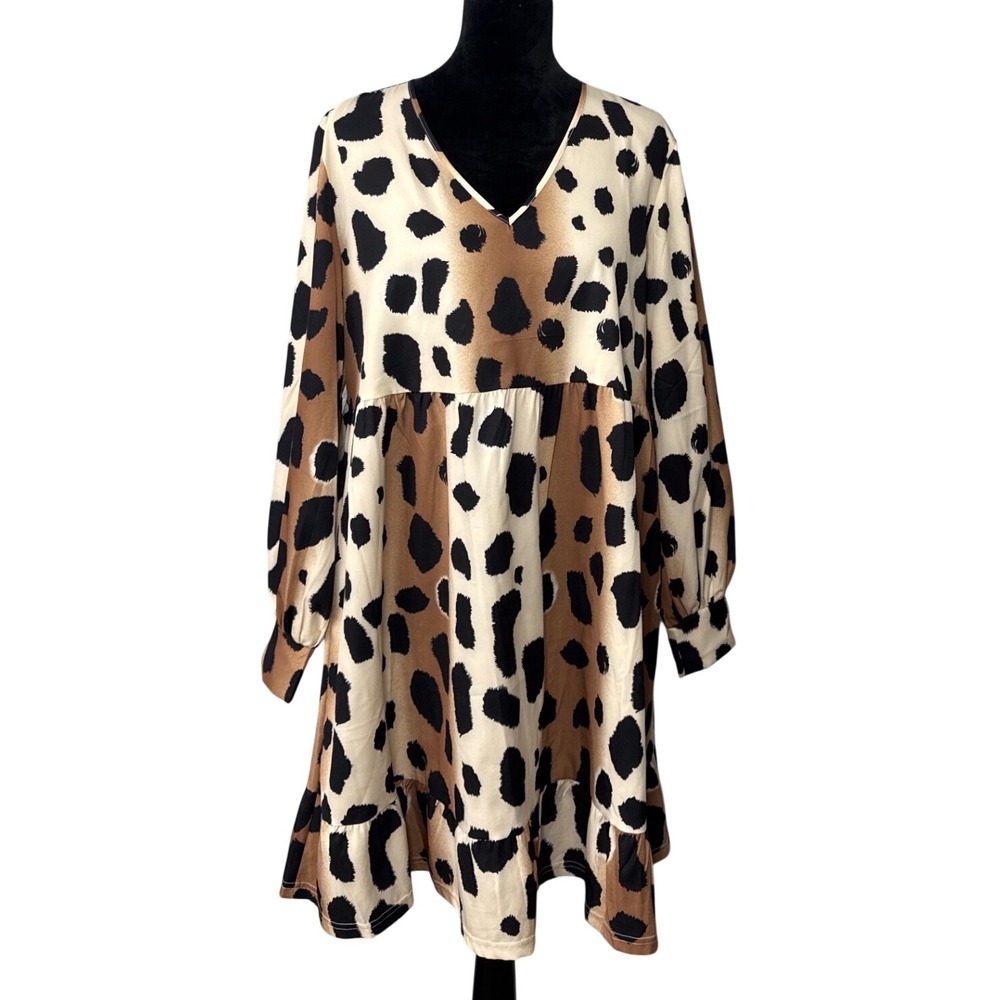 Southern Stitch Dress Womens L Tan Leopard Print Babydoll V-Neck Ruffle Hem Mini